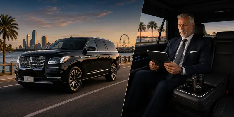 Luxury black Lincoln Navigator driving along the Texas Gulf Coast at sunset while a senior business executive works on a tablet in the rear cabin, with the official Lavish Ride logo displayed on the front license plate and branded coffee cup.